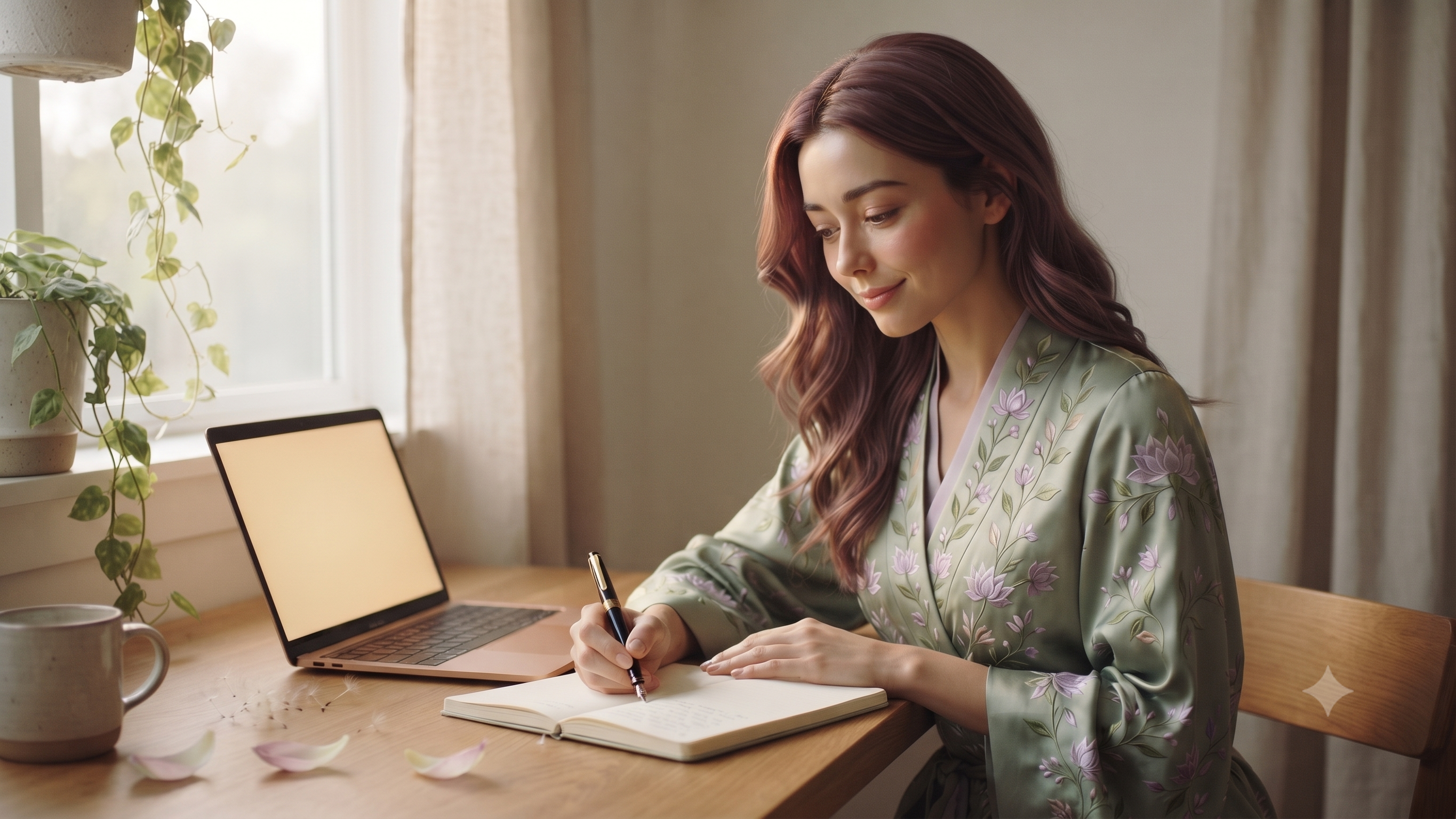 Everly writing in her journal at a sunlit desk